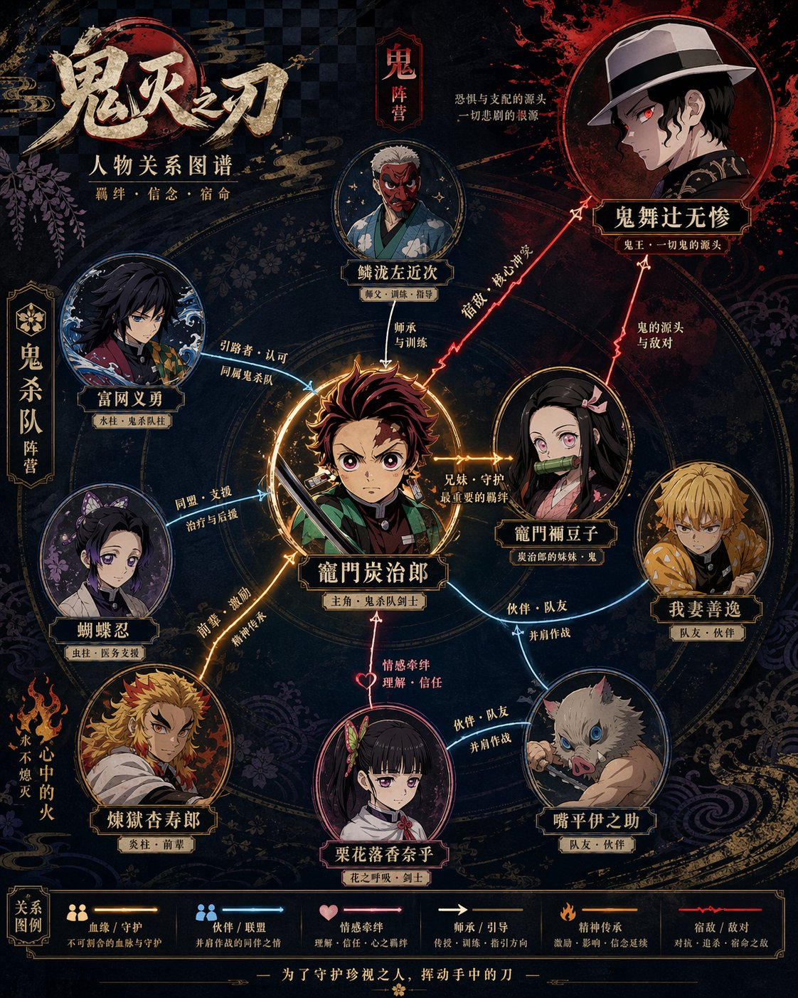 Whisk AI (whisk-ai.co) prompt example: Character Relationship Diagram Poster
