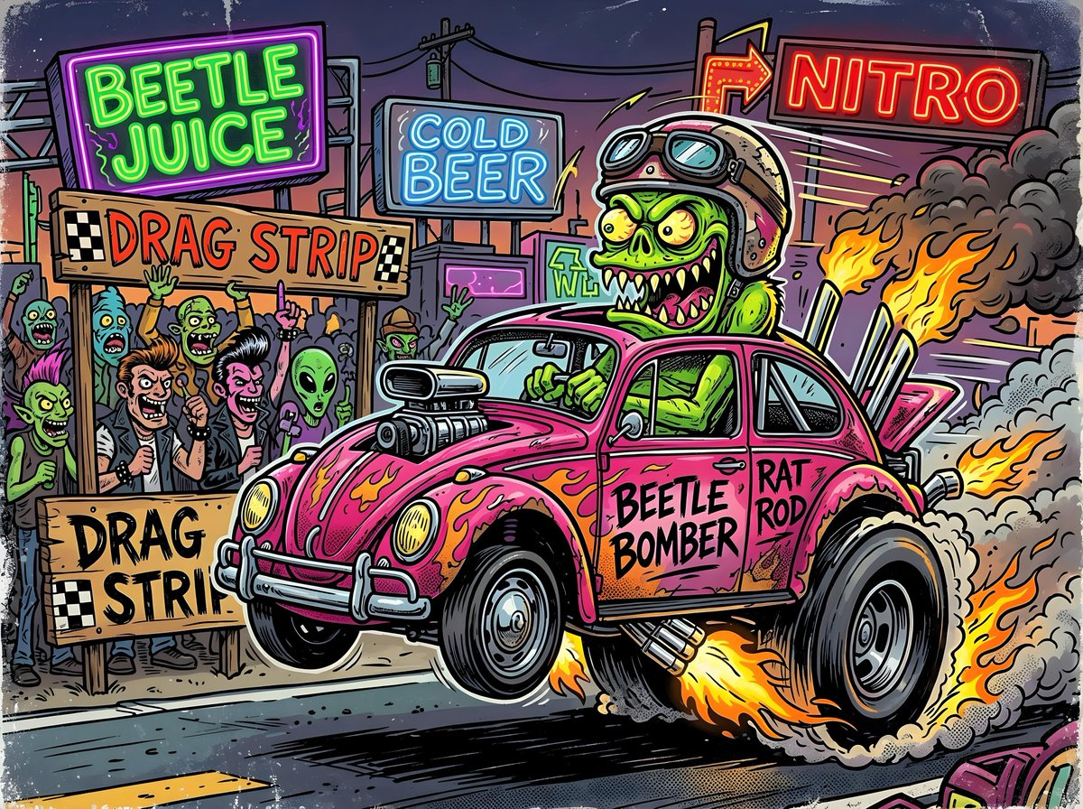 Whisk AI (whisk-ai.co) prompt example: Cartoon Monster Rat Rod Drag Race