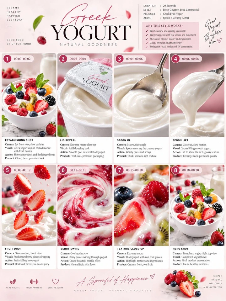 Whisk AI (whisk-ai.co) prompt example: Greek Yogurt Commercial Storyboard