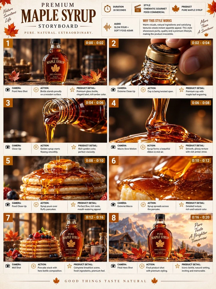 Whisk AI (whisk-ai.co) prompt example: Maple Syrup Commercial Storyboard