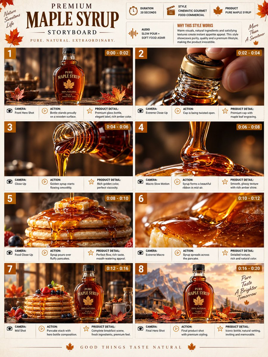 Whisk AI (whisk-ai.co) prompt example: Maple Syrup Commercial Storyboard