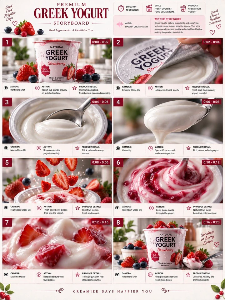 Whisk AI (whisk-ai.co) prompt example: Premium Yogurt Commercial Storyboard