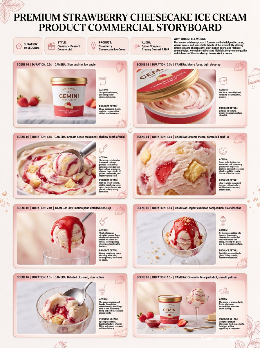 Whisk AI (whisk-ai.co) prompt example: Strawberry Cheesecake Ice Cream Storyboard