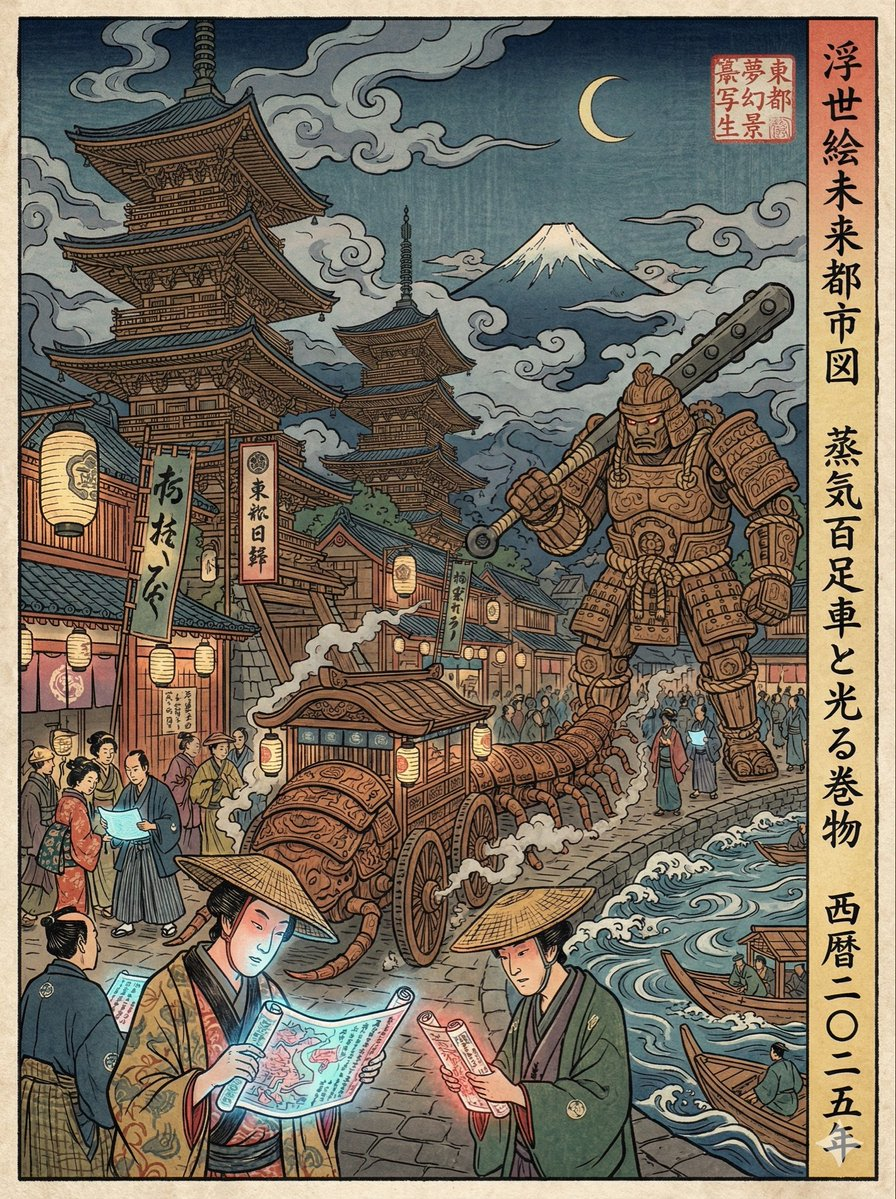 Whisk AI (whisk-ai.co) prompt example: Edo-period Ukiyo-e reinterpretation of a modern scene