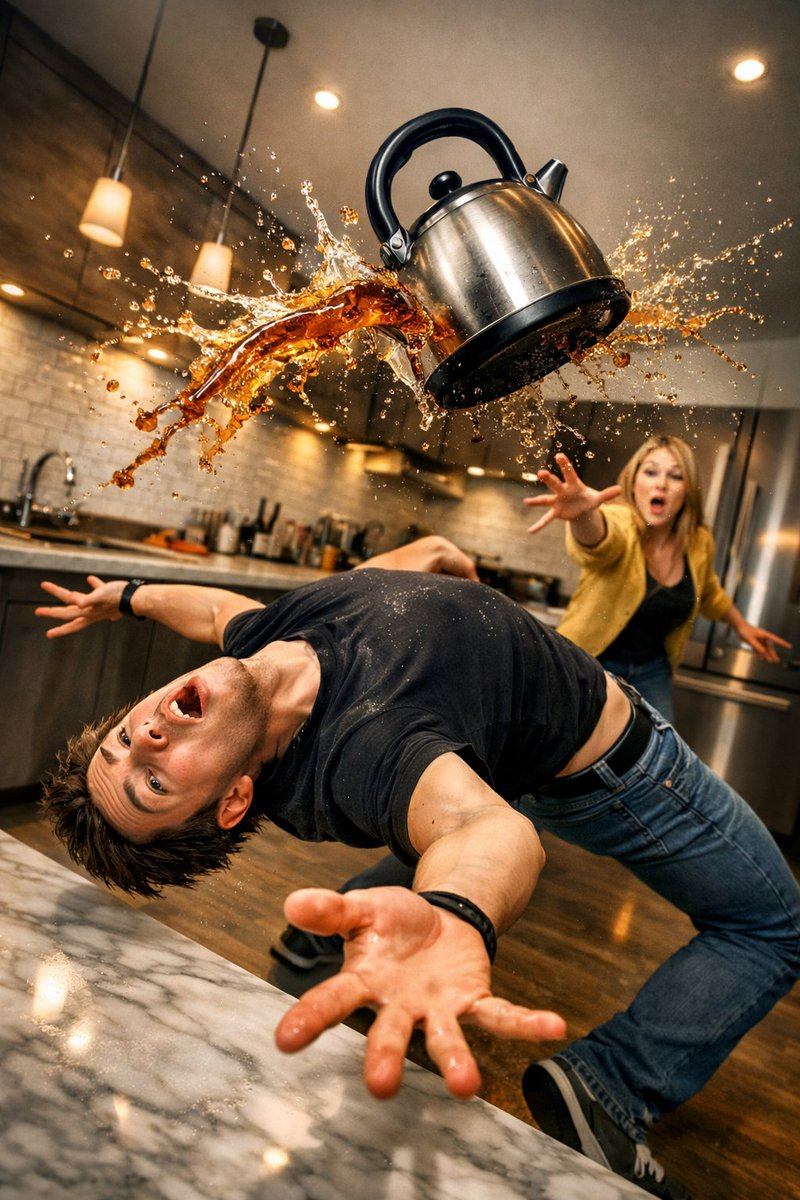 Whisk AI (whisk-ai.co) prompt example: Frozen kitchen comedy scene