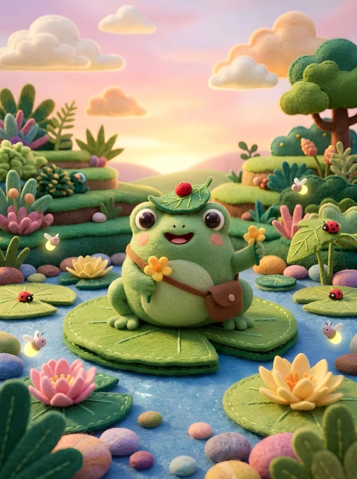 Whisk AI (whisk-ai.co) prompt example: Cute Felt Frog Scene