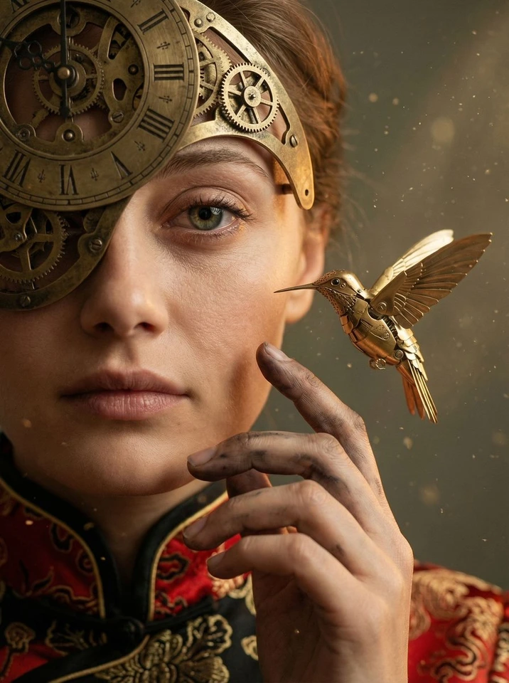 Whisk AI (whisk-ai.co) prompt example: Mechanical Melancholy Macro Portrait Prompt