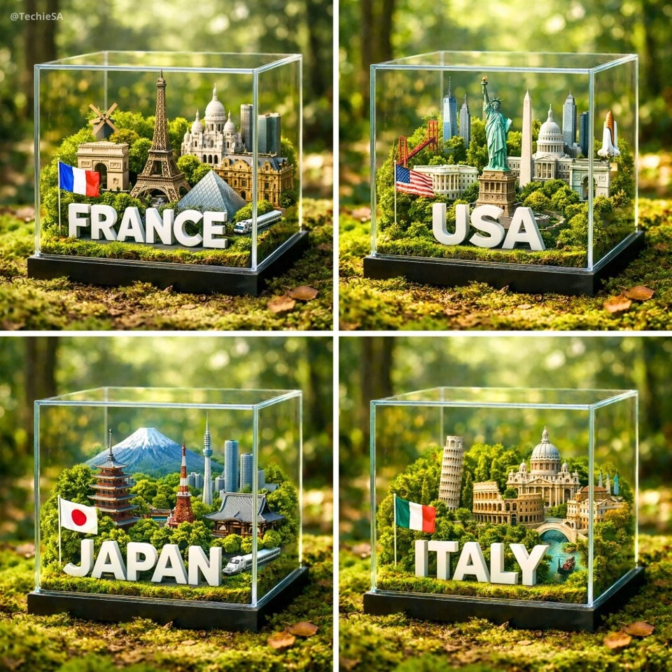 Whisk AI (whisk-ai.co) prompt example: Glass-cube country diorama