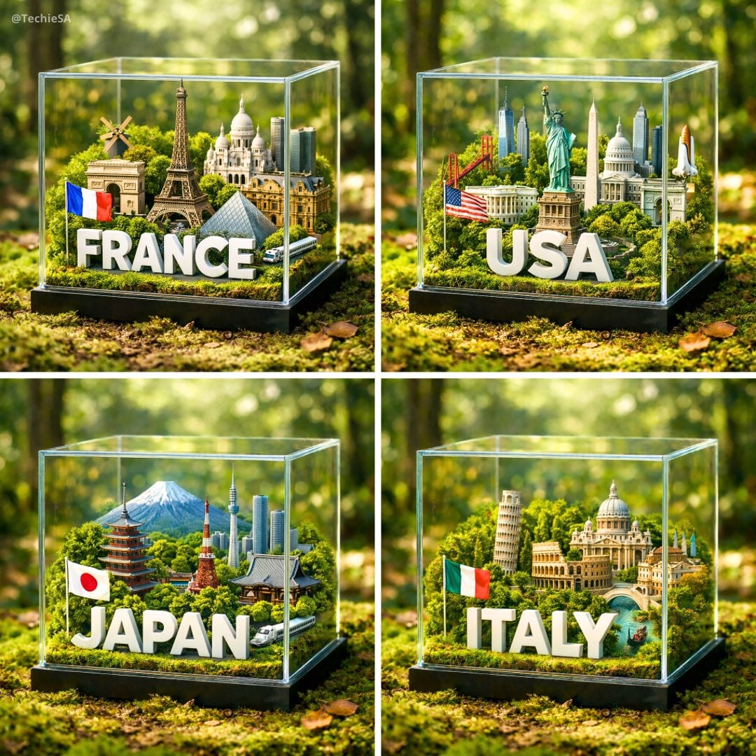 Whisk AI (whisk-ai.co) prompt example: Glass-cube country diorama
