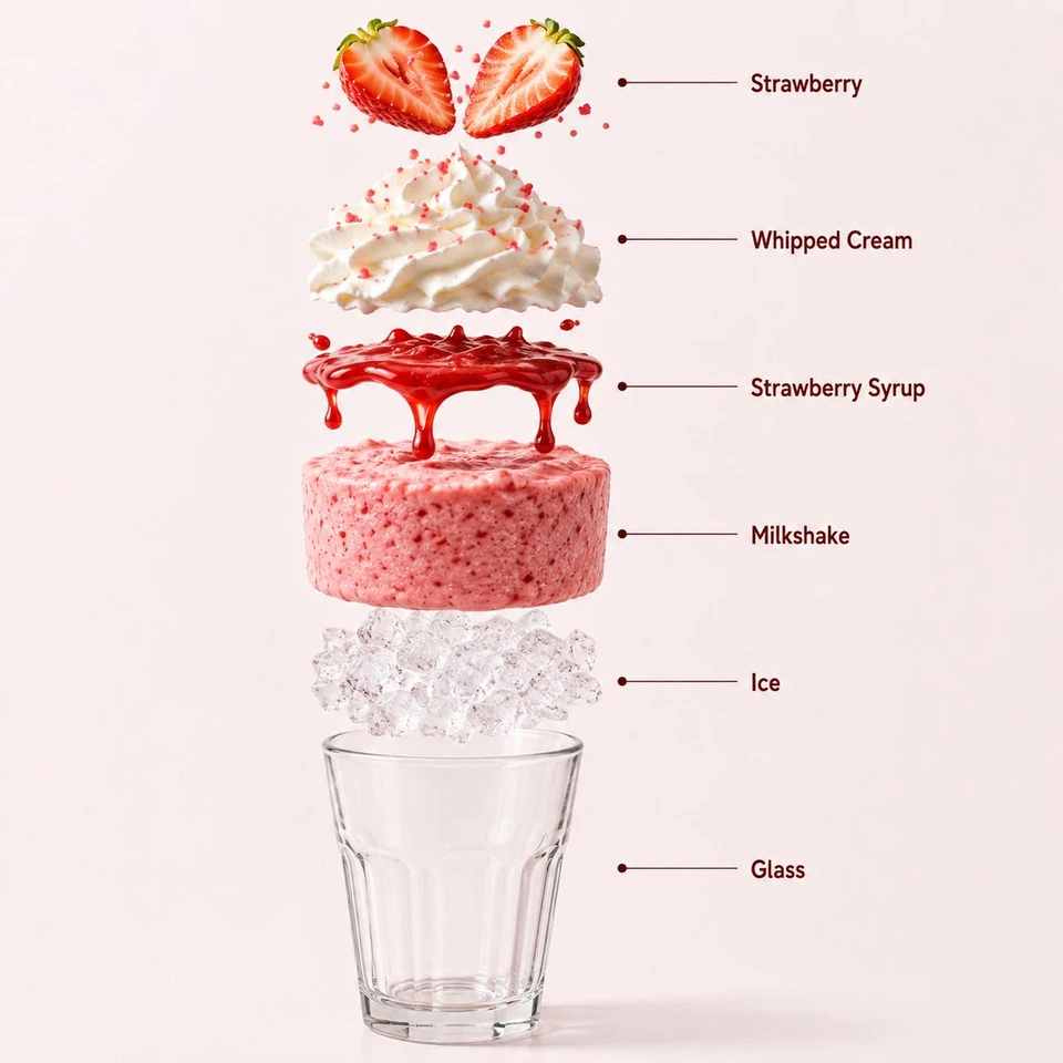 Whisk AI (whisk-ai.co) prompt example: Strawberry Milkshake Product and Infographic