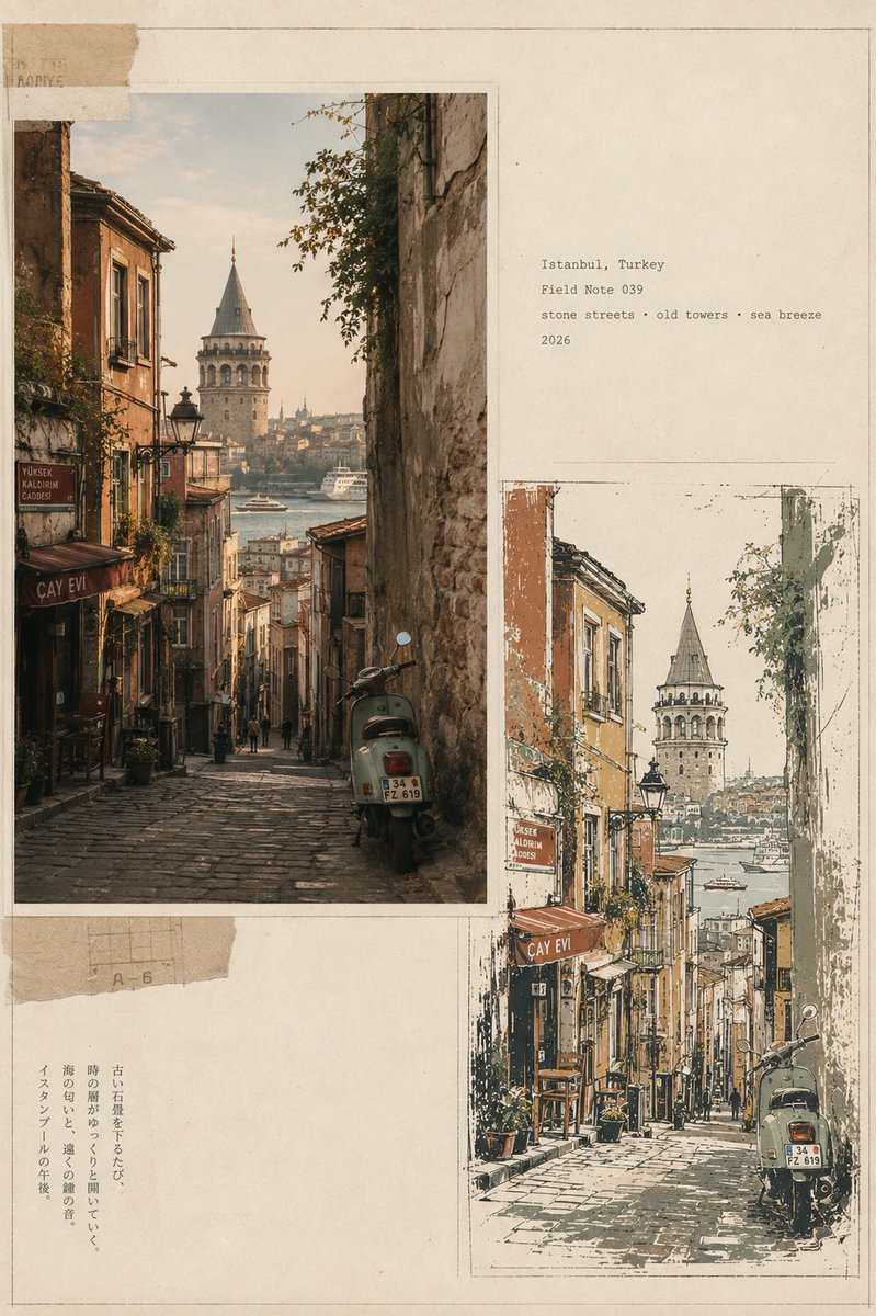 Whisk AI (whisk-ai.co) prompt example: Vintage Travel Journal Editorial Collage