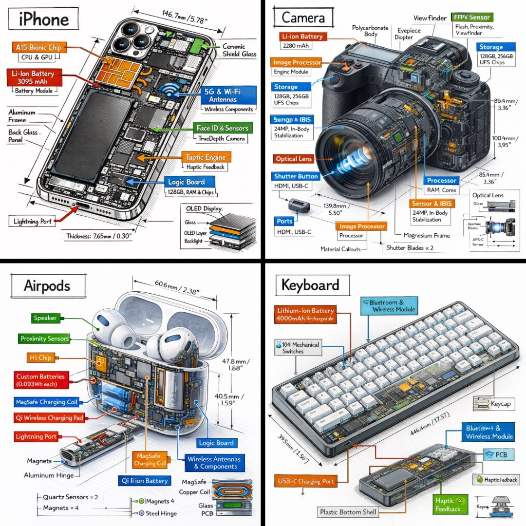 Whisk AI (whisk-ai.co) prompt example: Isometric product teardown