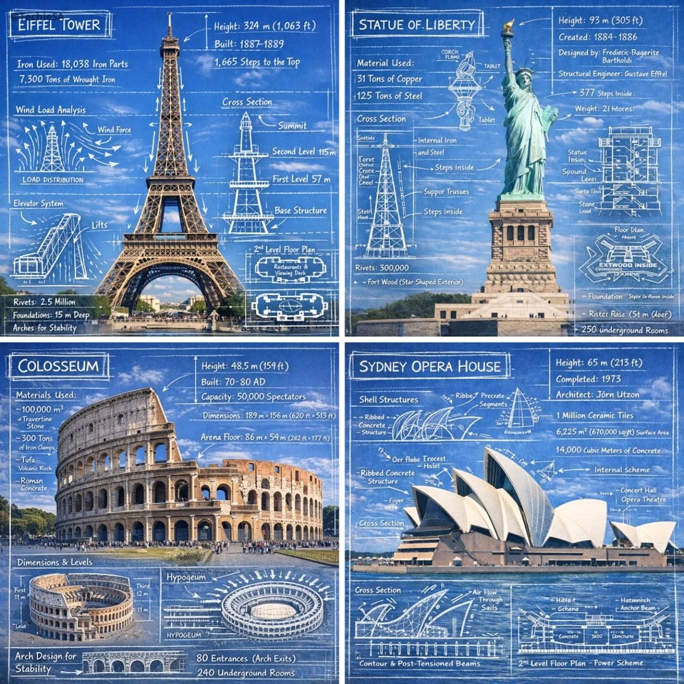 Whisk AI (whisk-ai.co) prompt example: Landmark blueprint overlay