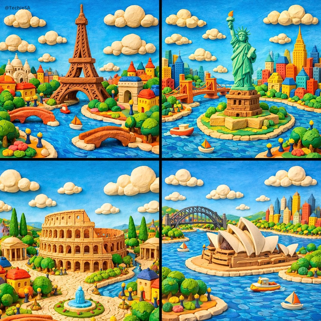 Whisk AI (whisk-ai.co) prompt example: Modeling-clay landmark world