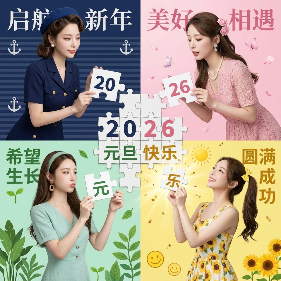 Whisk AI (whisk-ai.co) prompt example: New Year's Day Special: Four-Panel Puzzle for 2026 Blessing