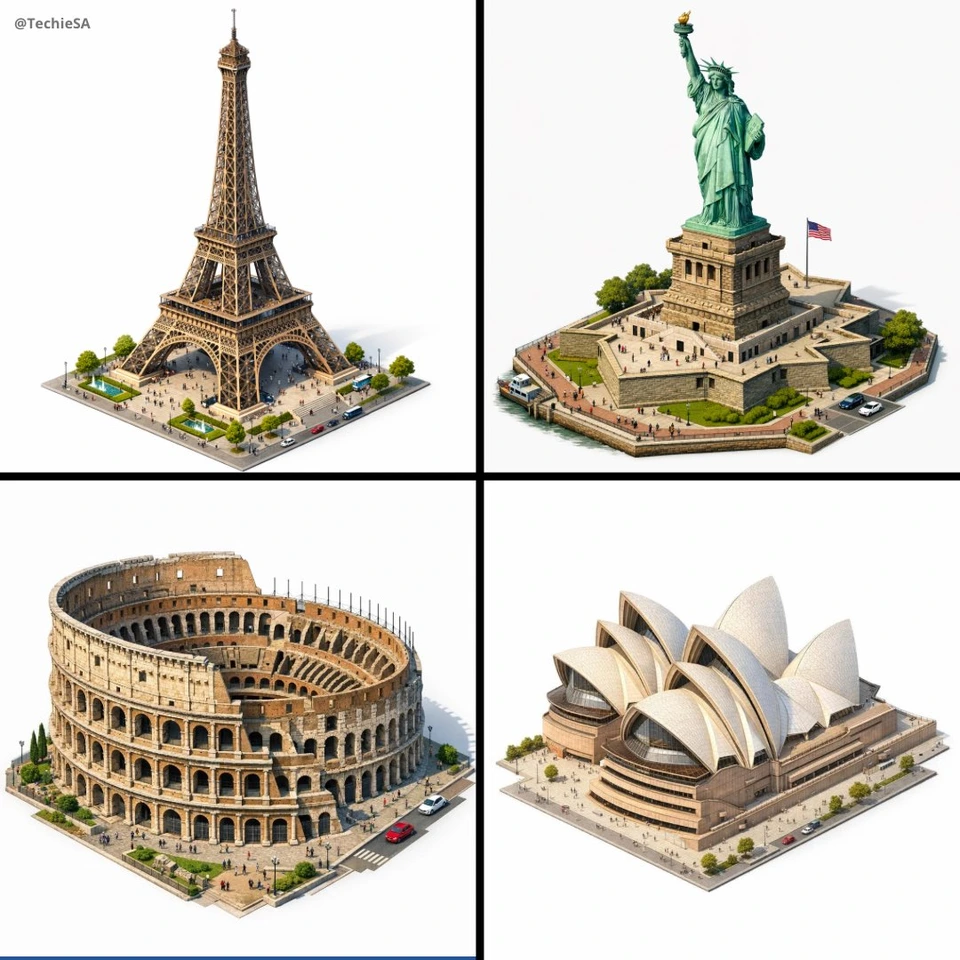 Whisk AI (whisk-ai.co) prompt example: Isometric architectural landmark
