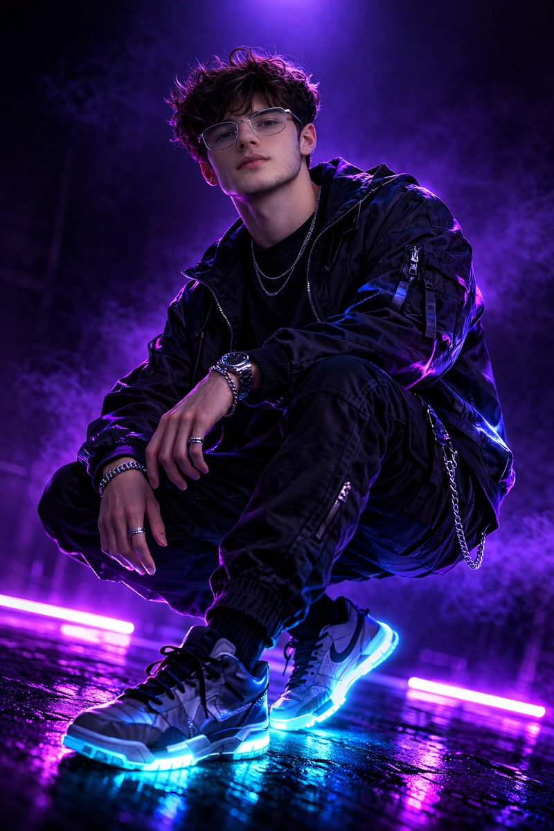 Whisk AI (whisk-ai.co) prompt example: Neon-violet streetwear editorial