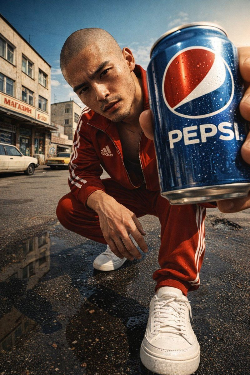 Whisk AI (whisk-ai.co) prompt example: Low-angle soda fashion editorial