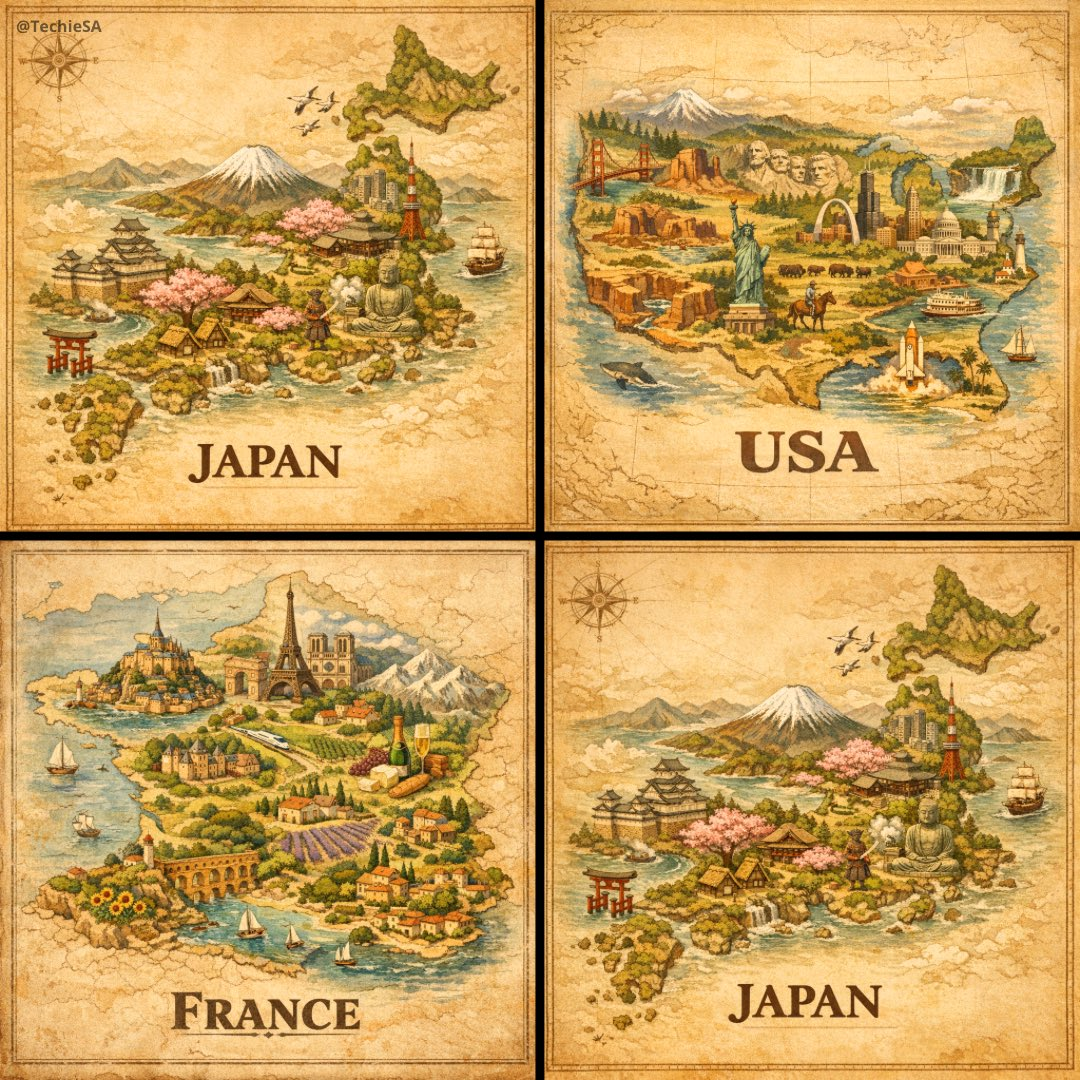 Whisk AI (whisk-ai.co) prompt example: Vintage country map illustration