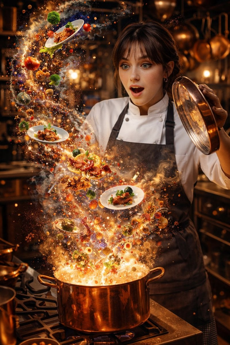 Whisk AI (whisk-ai.co) prompt example: Chef and magical steaming pot
