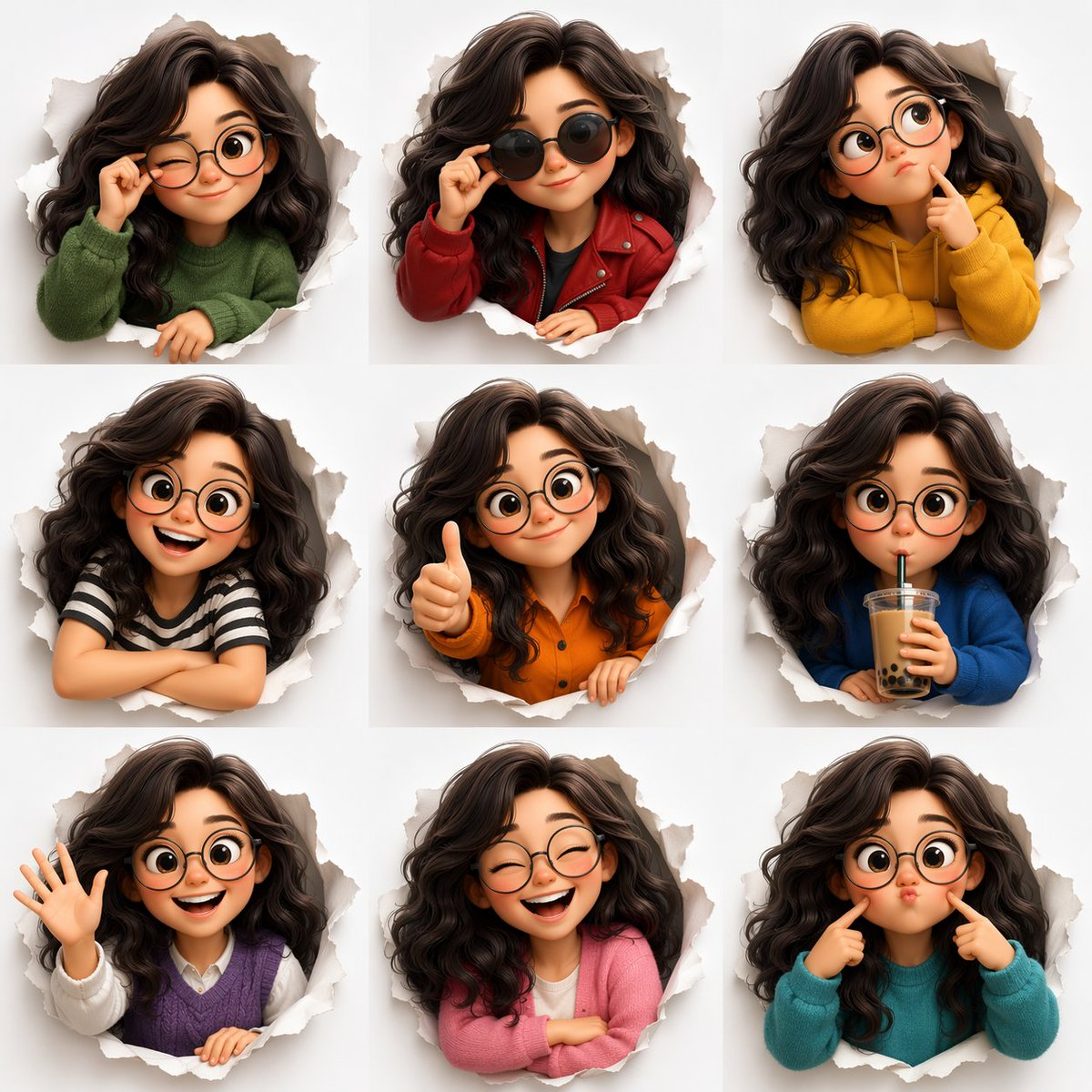 Whisk AI (whisk-ai.co) prompt example: Nine-expression cartoon avatar sheet