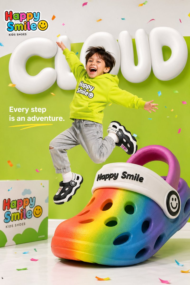 Whisk AI (whisk-ai.co) prompt example: Colorful children's shoe advertisement