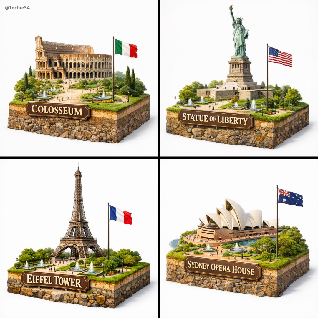 Whisk AI (whisk-ai.co) prompt example: Landmark on a cutaway terrain base