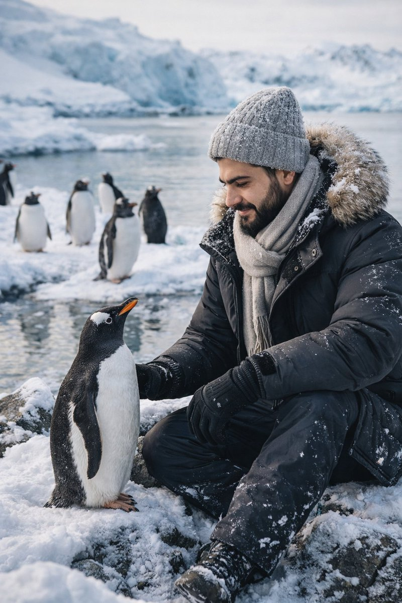 Whisk AI (whisk-ai.co) prompt example: Winter portrait with penguins