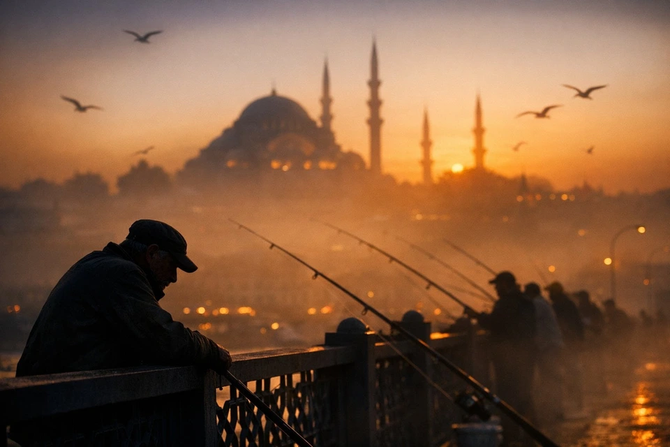 Whisk AI (whisk-ai.co) prompt example: Istanbul fishermen at sunset