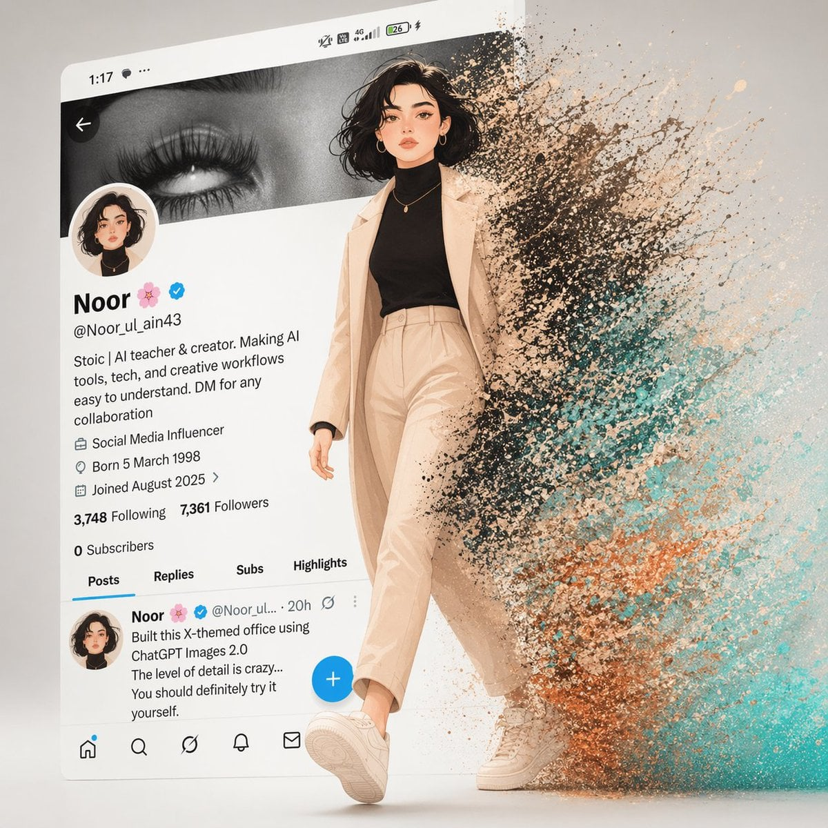 Whisk AI (whisk-ai.co) prompt example: Character stepping out of a social profile