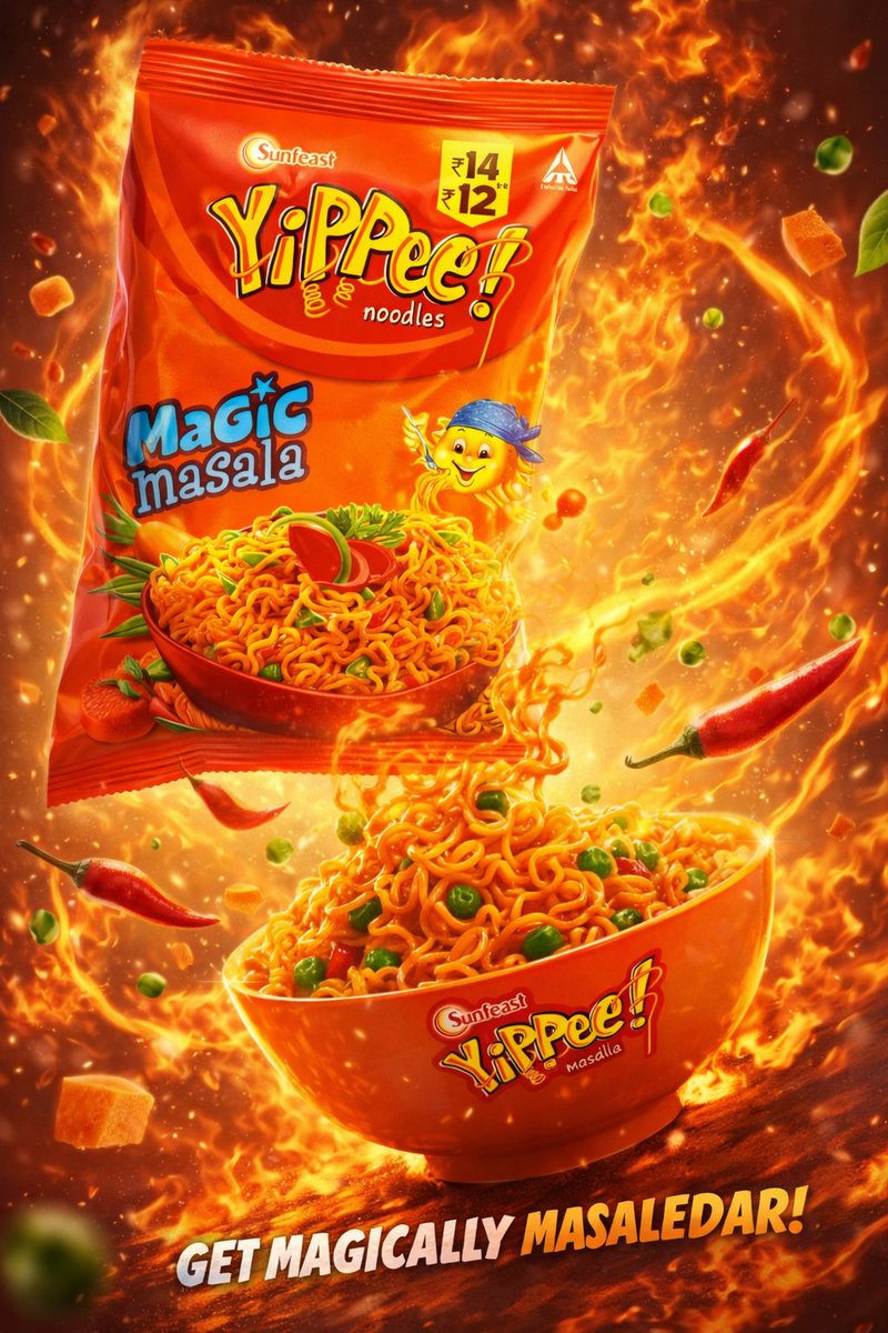 Whisk AI (whisk-ai.co) prompt example: Floating instant noodle campaign
