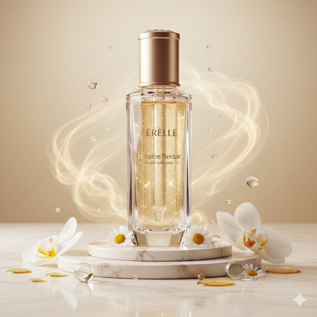 Whisk AI (whisk-ai.co) prompt example: Faceted skincare elixir campaign
