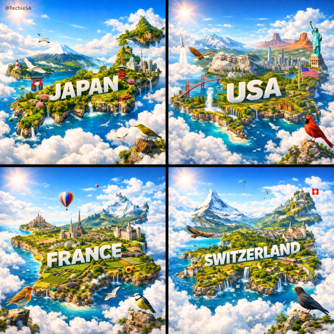 Whisk AI (whisk-ai.co) prompt example: Floating country island poster