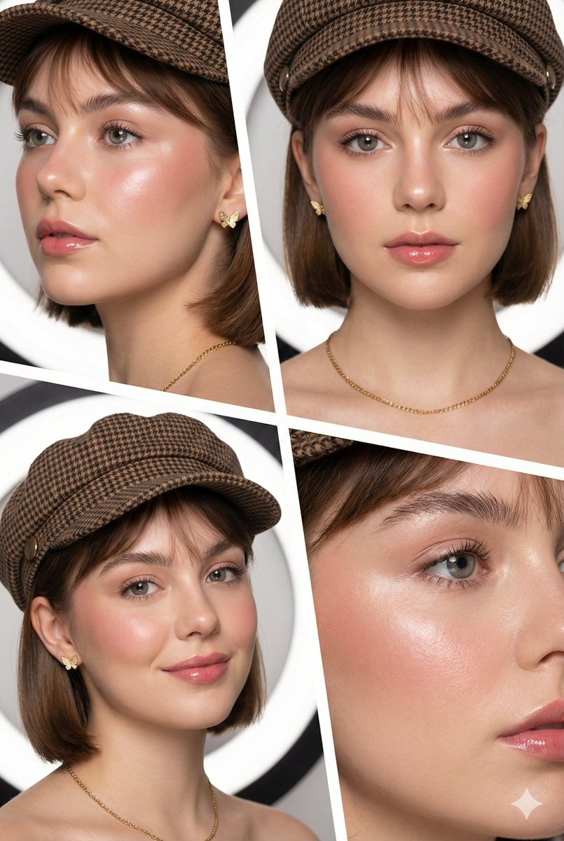 Whisk AI (whisk-ai.co) prompt example: Four-panel beauty editorial