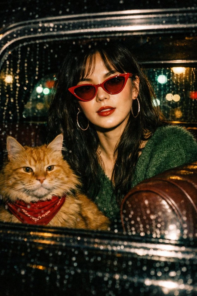 Whisk AI (whisk-ai.co) prompt example: Night portrait through a rainy car window