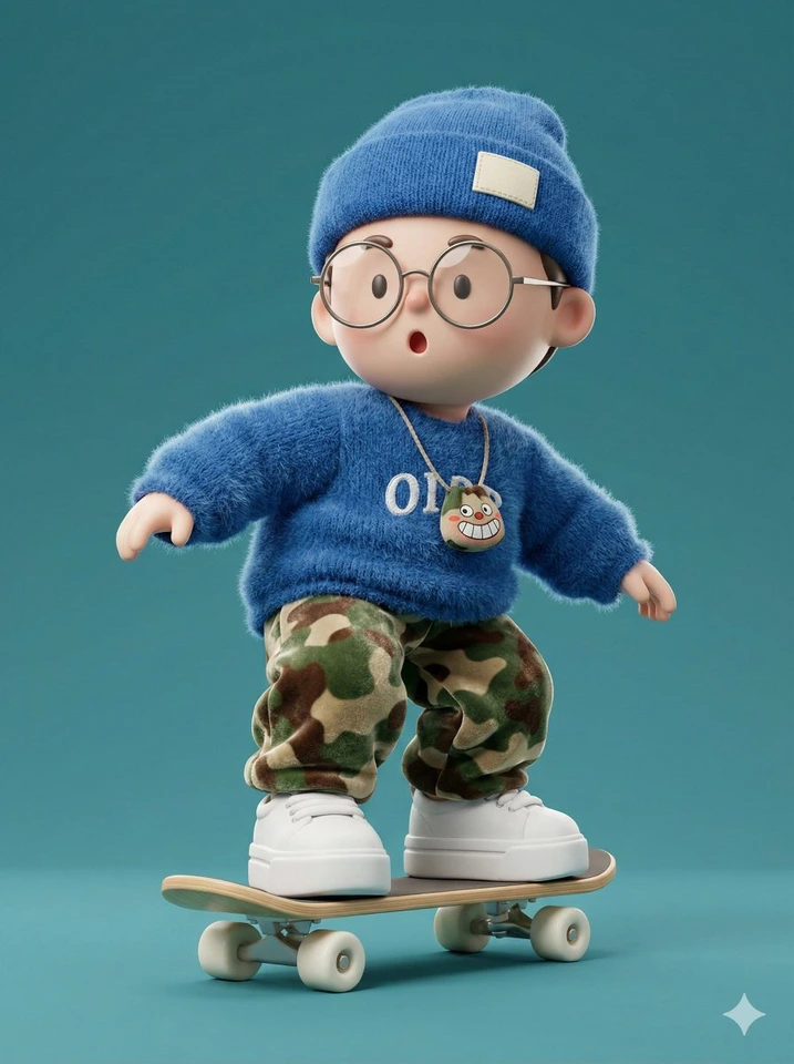 Whisk AI (whisk-ai.co) prompt example: Fuzzy-sweater skateboard character
