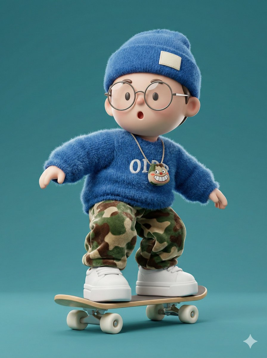 Whisk AI (whisk-ai.co) prompt example: Fuzzy-sweater skateboard character