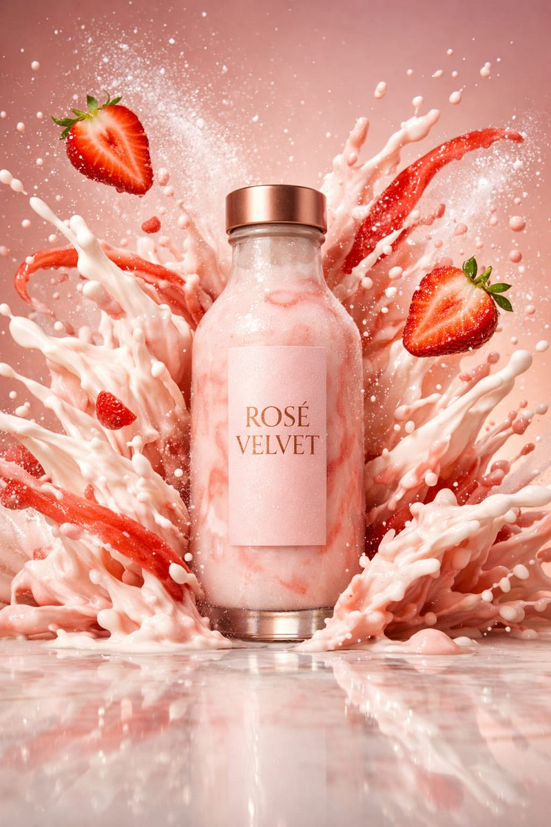 Whisk AI (whisk-ai.co) prompt example: Strawberry shake splash campaign