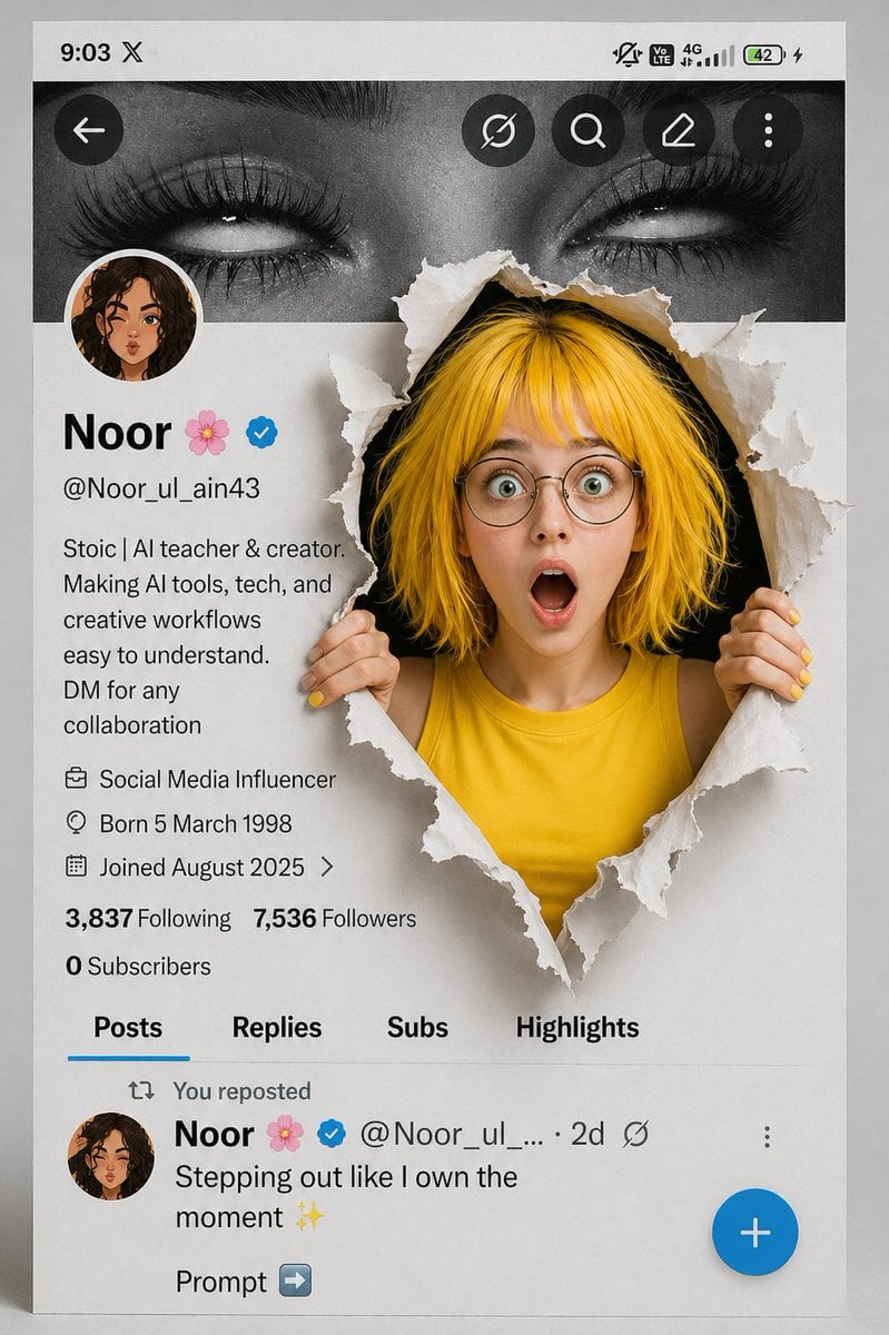 Whisk AI (whisk-ai.co) prompt example: Torn-paper social profile illusion