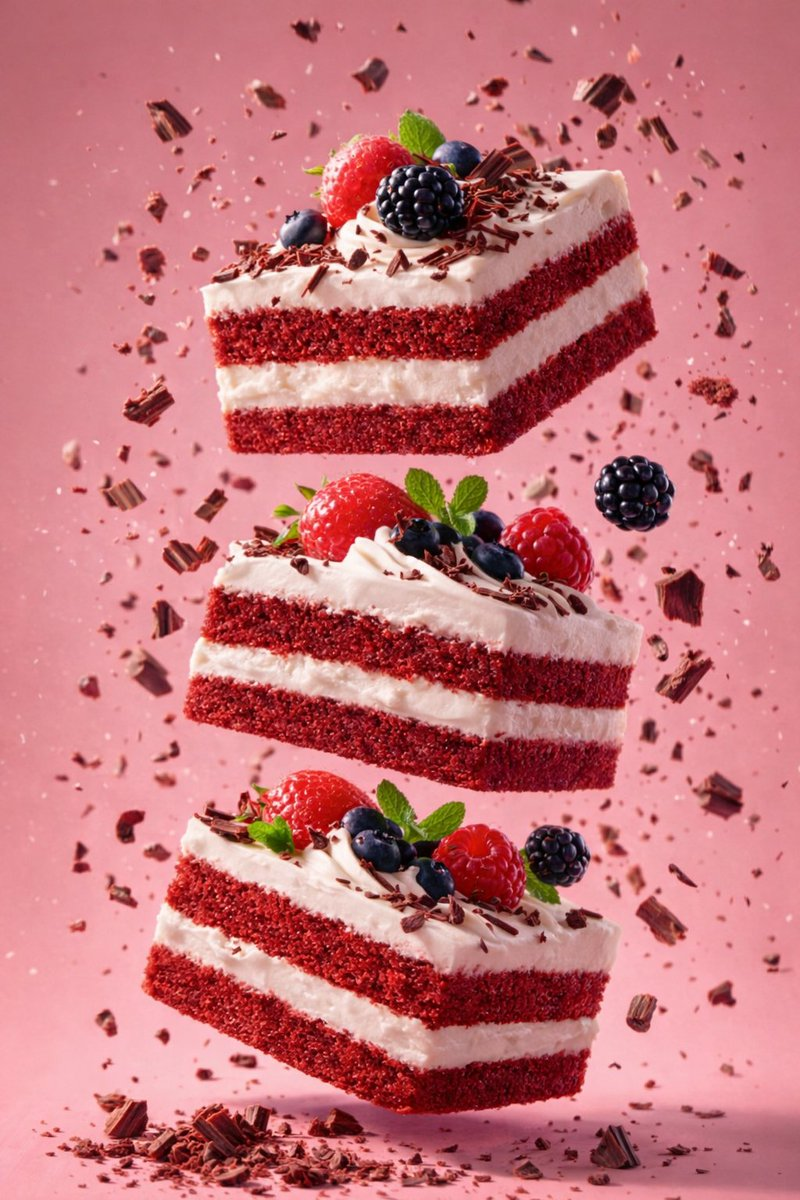 Whisk AI (whisk-ai.co) prompt example: Floating red velvet cake
