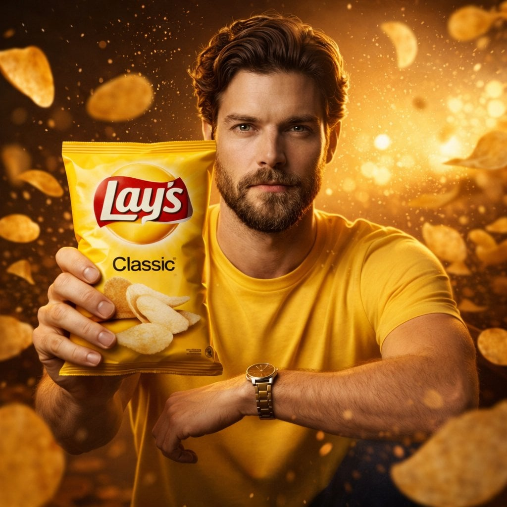 Whisk AI (whisk-ai.co) prompt example: Snack-inspired fashion campaign