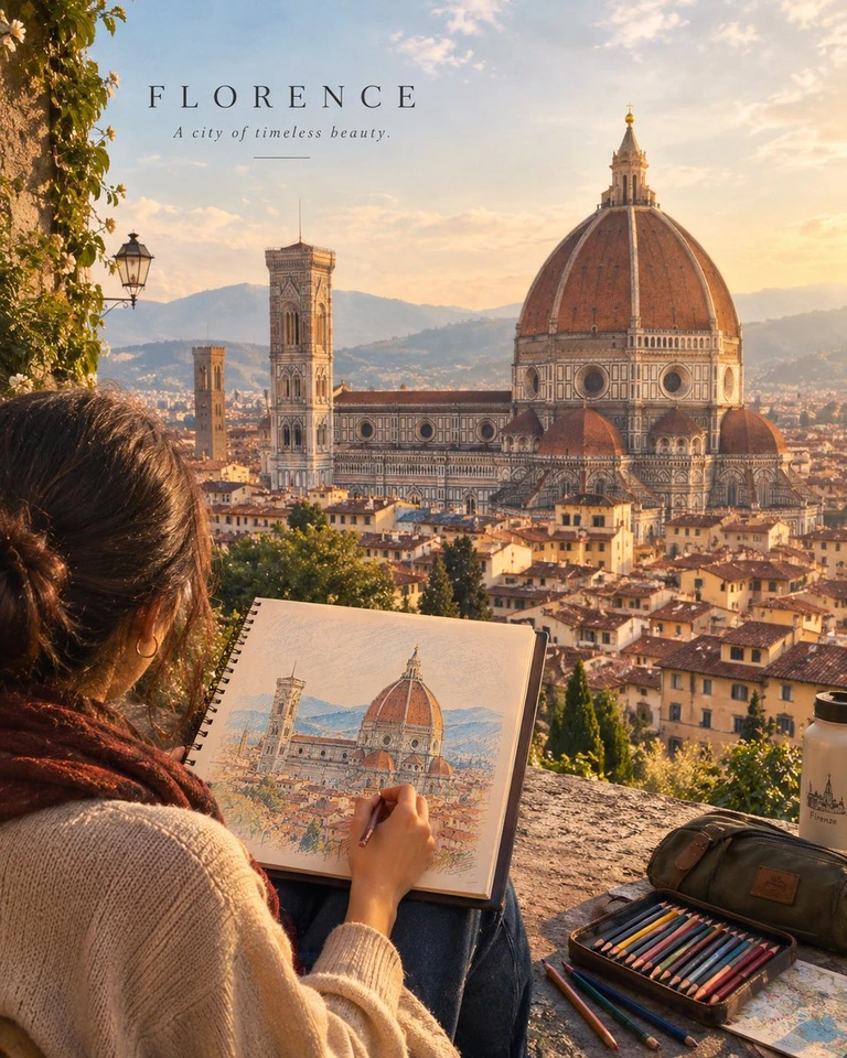 Whisk AI (whisk-ai.co) prompt example: Cinematic Travel Artist Sketching Landmark