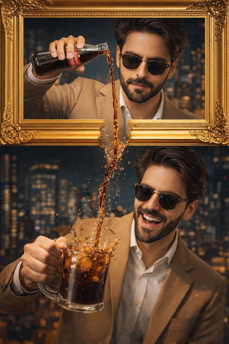 Whisk AI (whisk-ai.co) prompt example: Surreal framed beverage scene