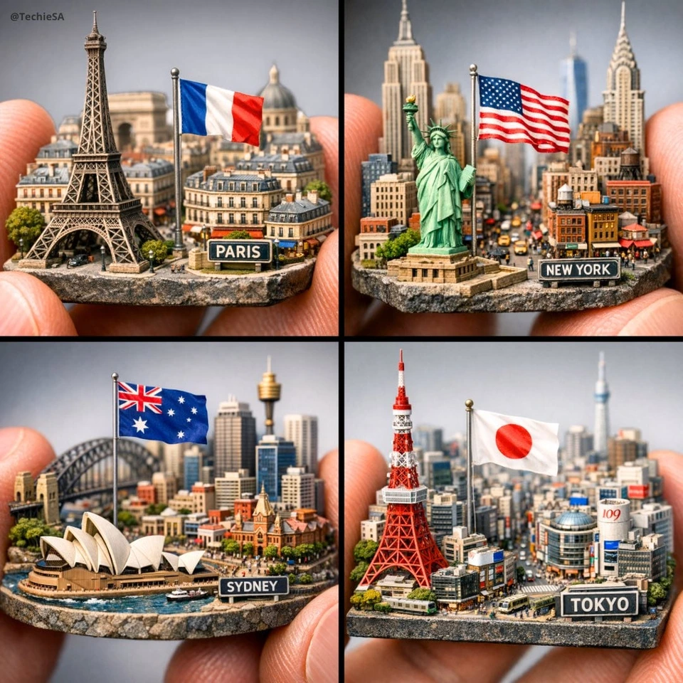 Whisk AI (whisk-ai.co) prompt example: Tiny city between fingers