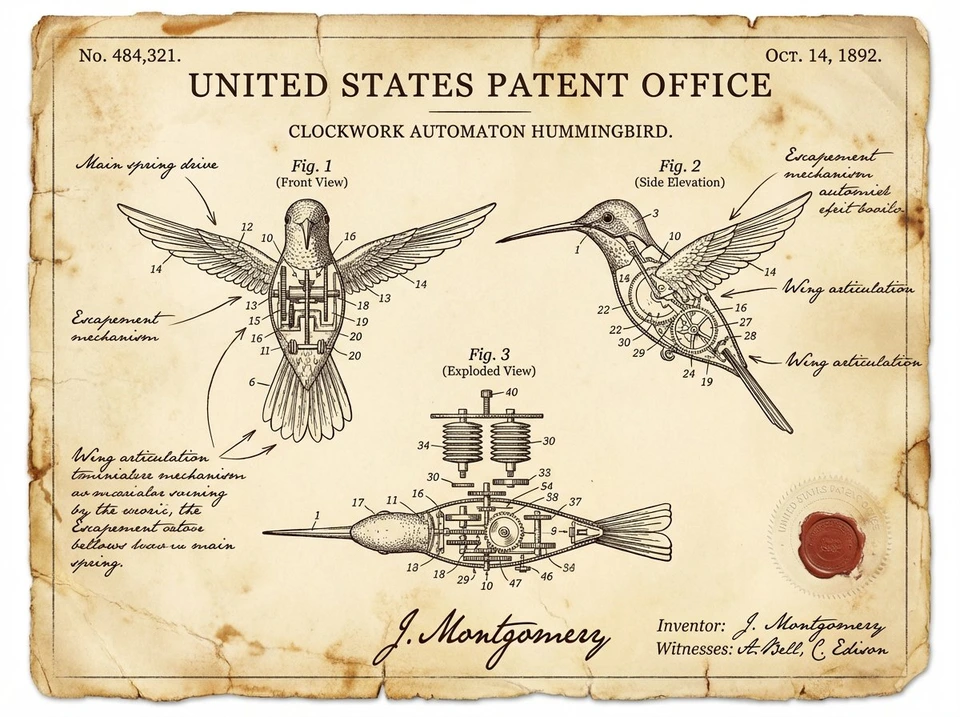 Whisk AI (whisk-ai.co) prompt example: Vintage Patent Document for an Invention