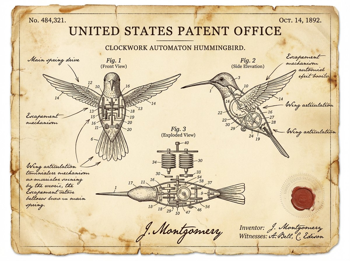 Whisk AI (whisk-ai.co) prompt example: Vintage Patent Document for an Invention