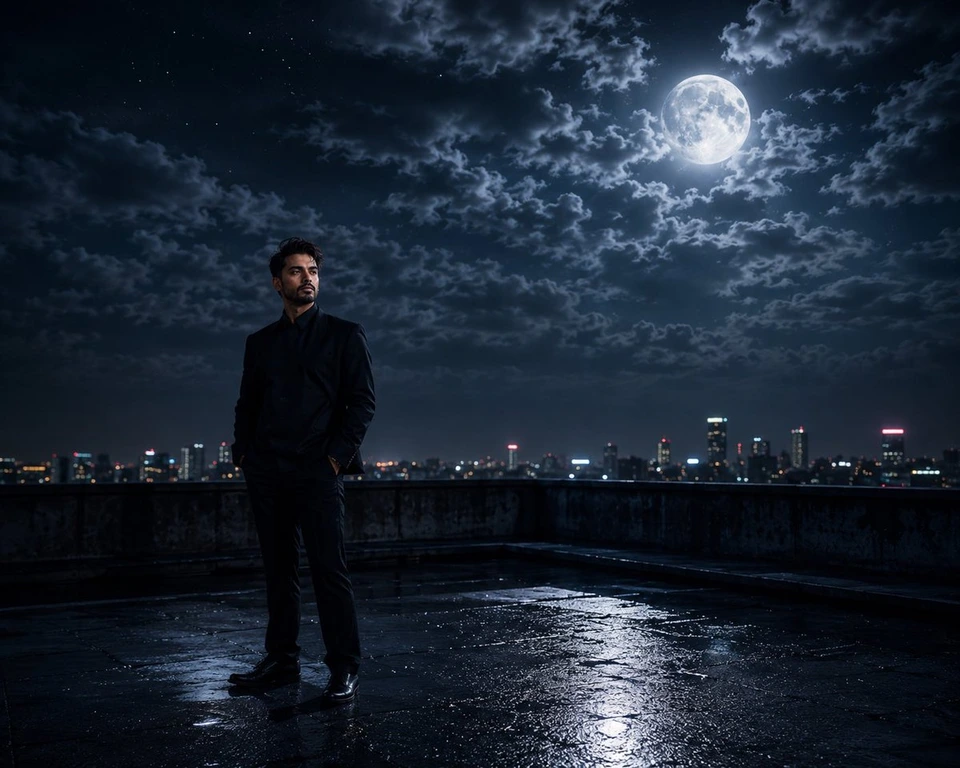 Whisk AI (whisk-ai.co) prompt example: Cinematic Moonlight Rooftop Portrait Collage