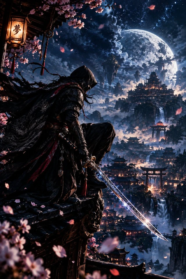 Whisk AI (whisk-ai.co) prompt example: Hooded Assassin on Temple Rooftop Fantasy Art